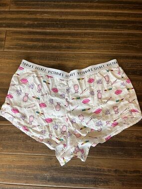 Victoria's Secret White Pajama Shorts with Pink Lip & Cosmetic Print